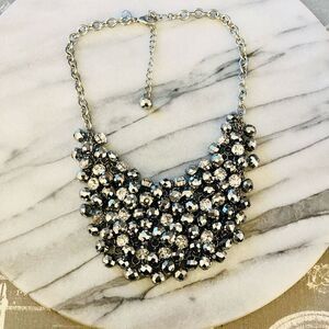 Cluster Beaded Bib Necklace Silver Toned Statement Chain Holiday Party